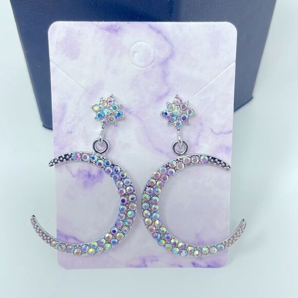 Moon Iridescent Rhinestone Crystal Post Drop Earrings - Picture 3 of 9